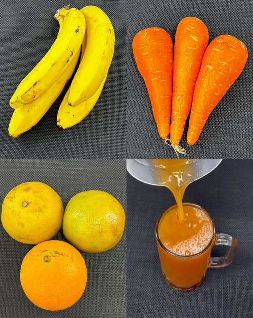 Collage de frutas y verduras: plátanos, zanahorias y naranjas