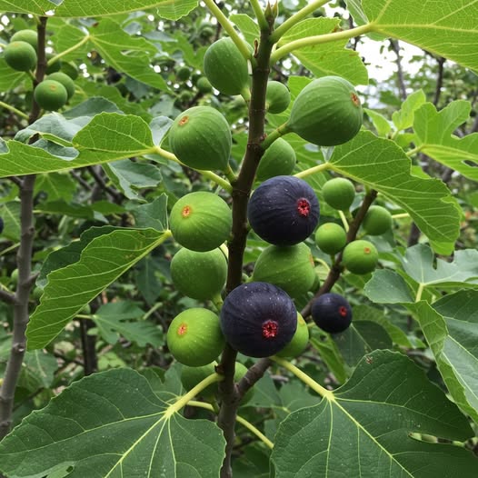 Rama de higuera con higos en diferentes estados de madurez