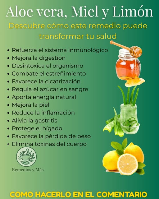 Infografía sobre los beneficios del Aloe Vera, Miel y Limón