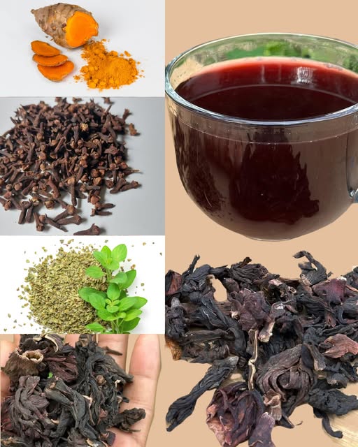 Ingredientes para infusión natural: cúrcuma, clavos de olor, orégano y flor de Jamaica