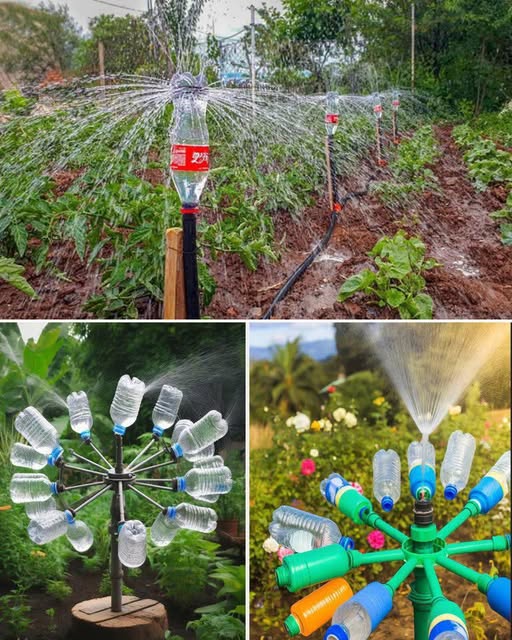Sistema de riego rotatorio casero con botellas de plástico