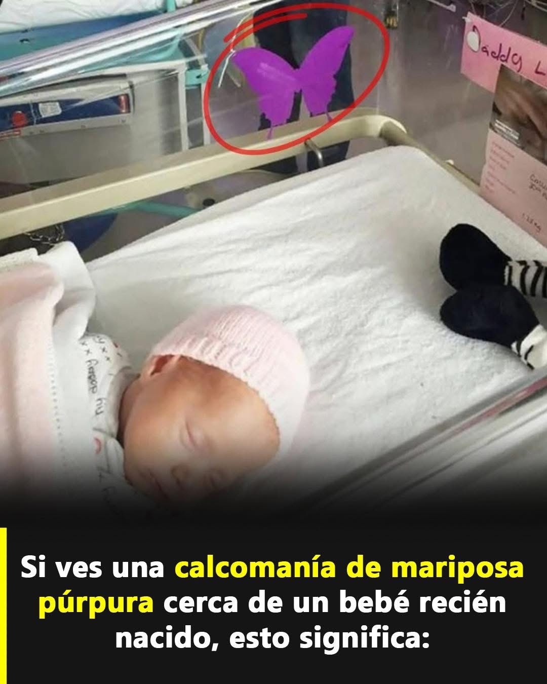 Bebé en cuna con calcomanía de mariposa púrpura