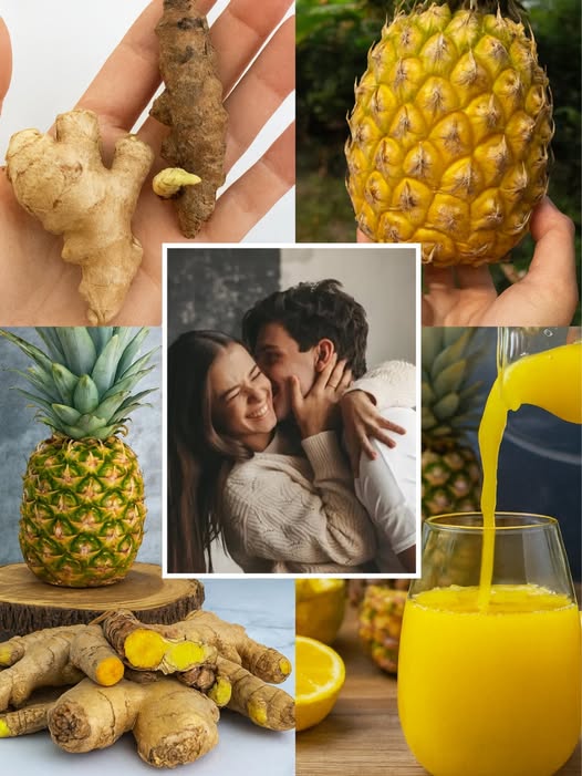 Ingredientes naturales: jengibre, cúrcuma, piña y una pareja sonriendo